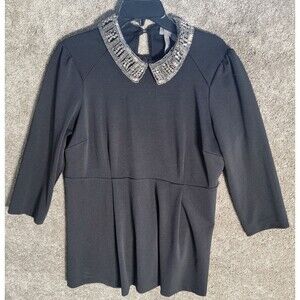 Melissa McCarthy Seven 7 Women's Black Tunic Babydoll Top Beaded Collar Size L